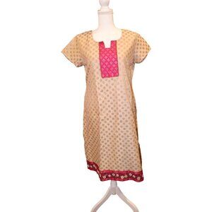 Nazila Couture Beige & Pink Silk Brocade Tunic Dress Medium Short Sleeve